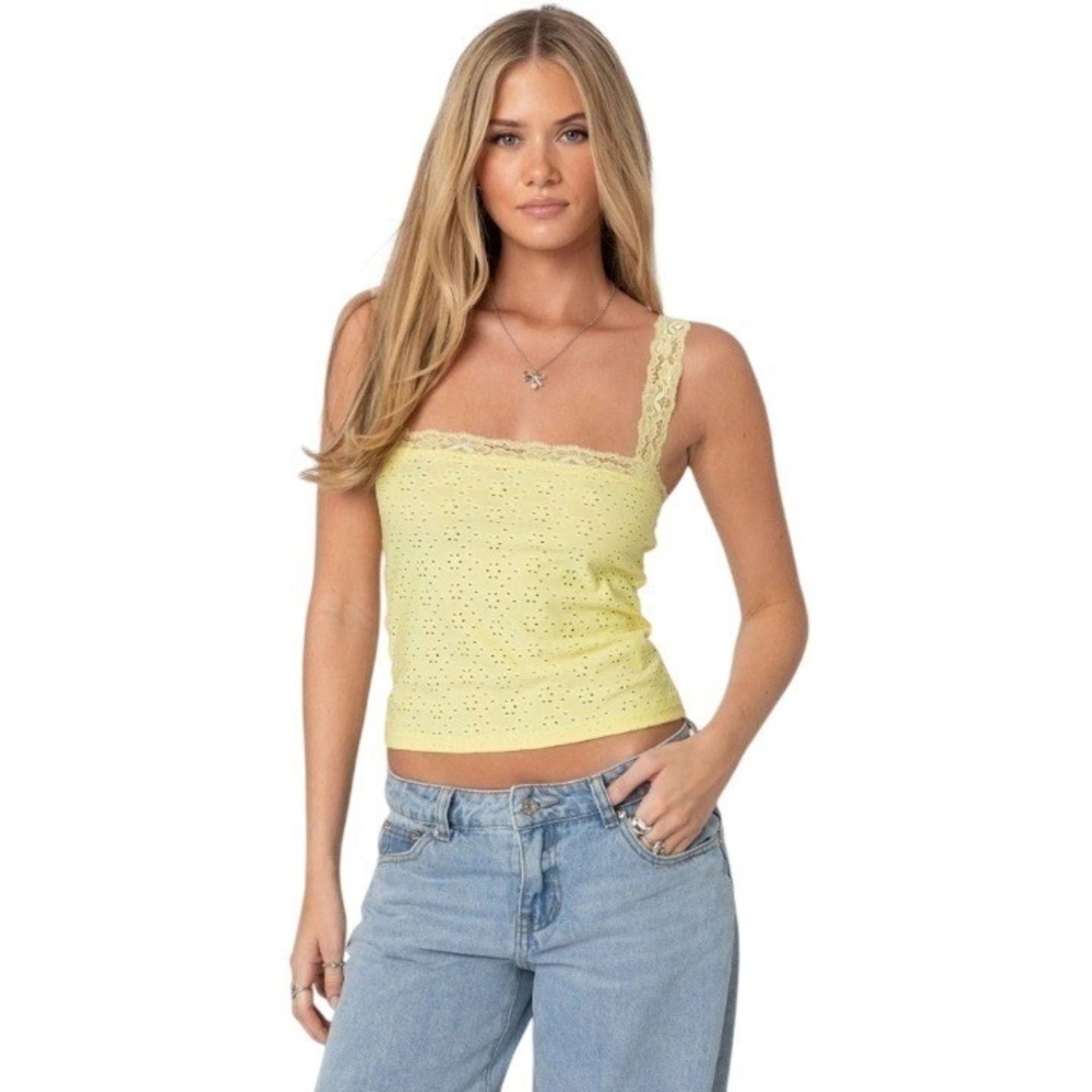 Edikted | Yellow Eyelet Lace Trim Cami Tank Top Pointelle Square Neck | Medium